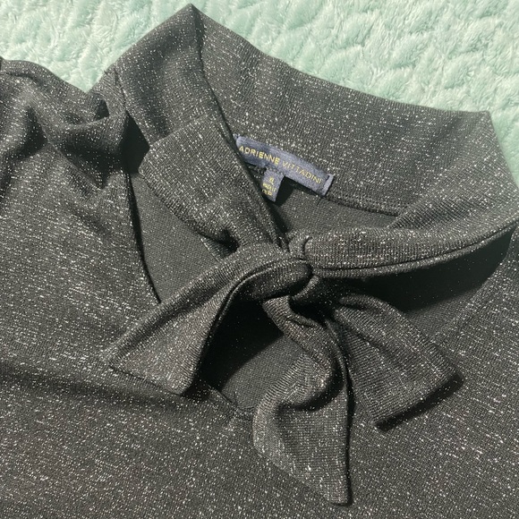 Adrienne Vittadini 3/4 Sleeves Black & Silver with Collared Bow Blouse - Picture 3 of 7